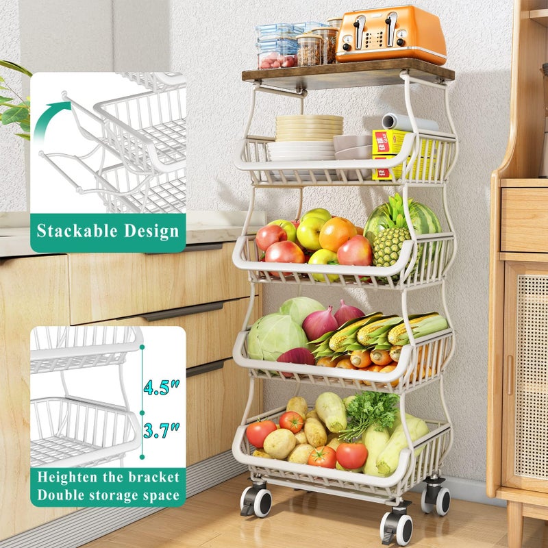 SAYZH Fruit Basket for Kitchen with Wood Top 5 Tier, Stackable Fruit and Vegetable Storage Cart, Wire Storage Basket with Wheels, Vegetable Basket Bins Rack for Onions and Potatoes, White - Image 2